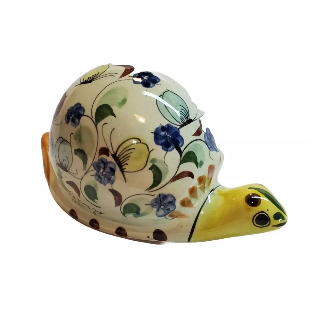 Tonala Mexican Pottery Snail Hand Painted Florals Butterflies Artist Signed
